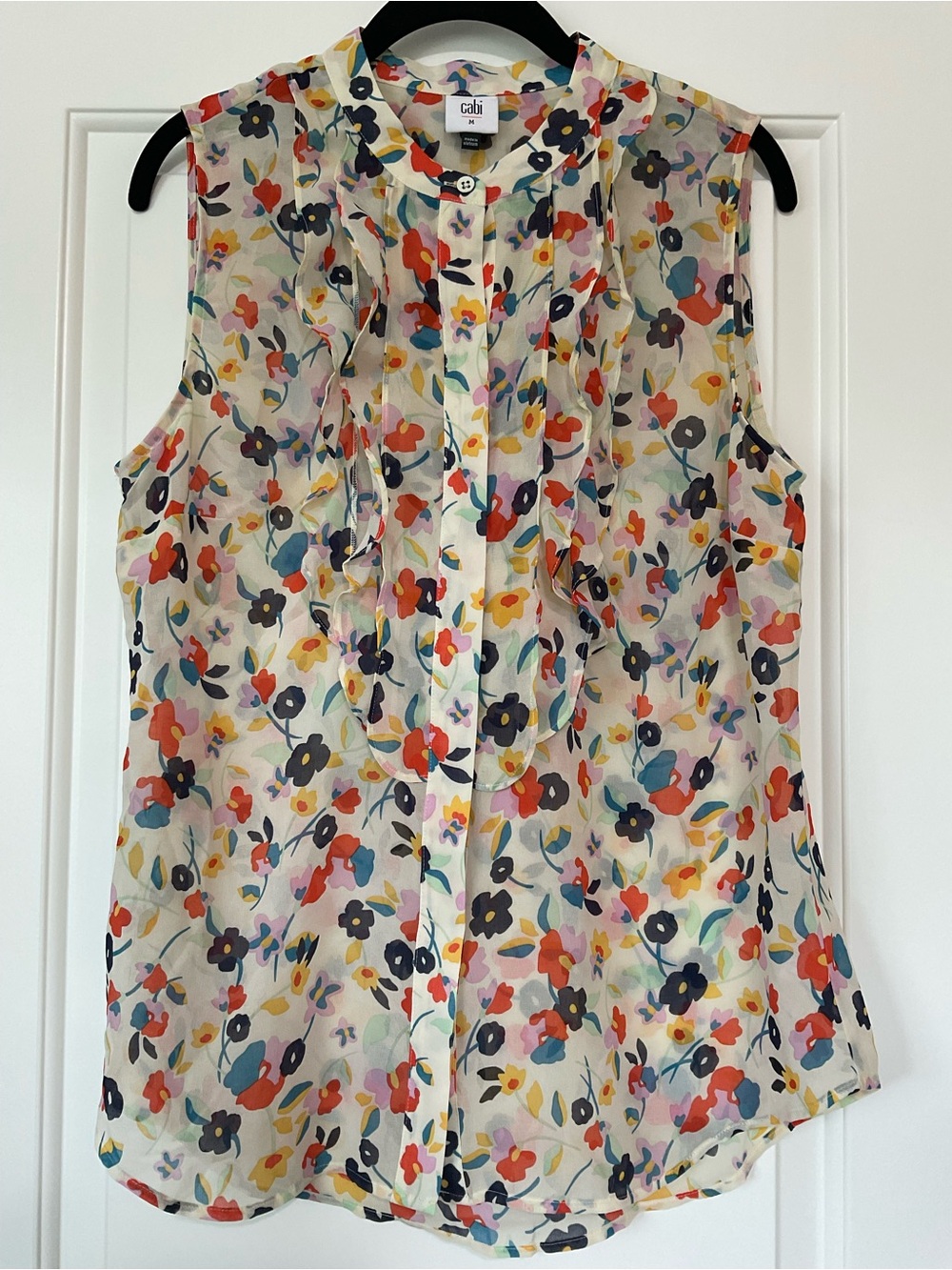 CAbi Multicolor Floral Ruffle-Trim Sleeveless Blouse
